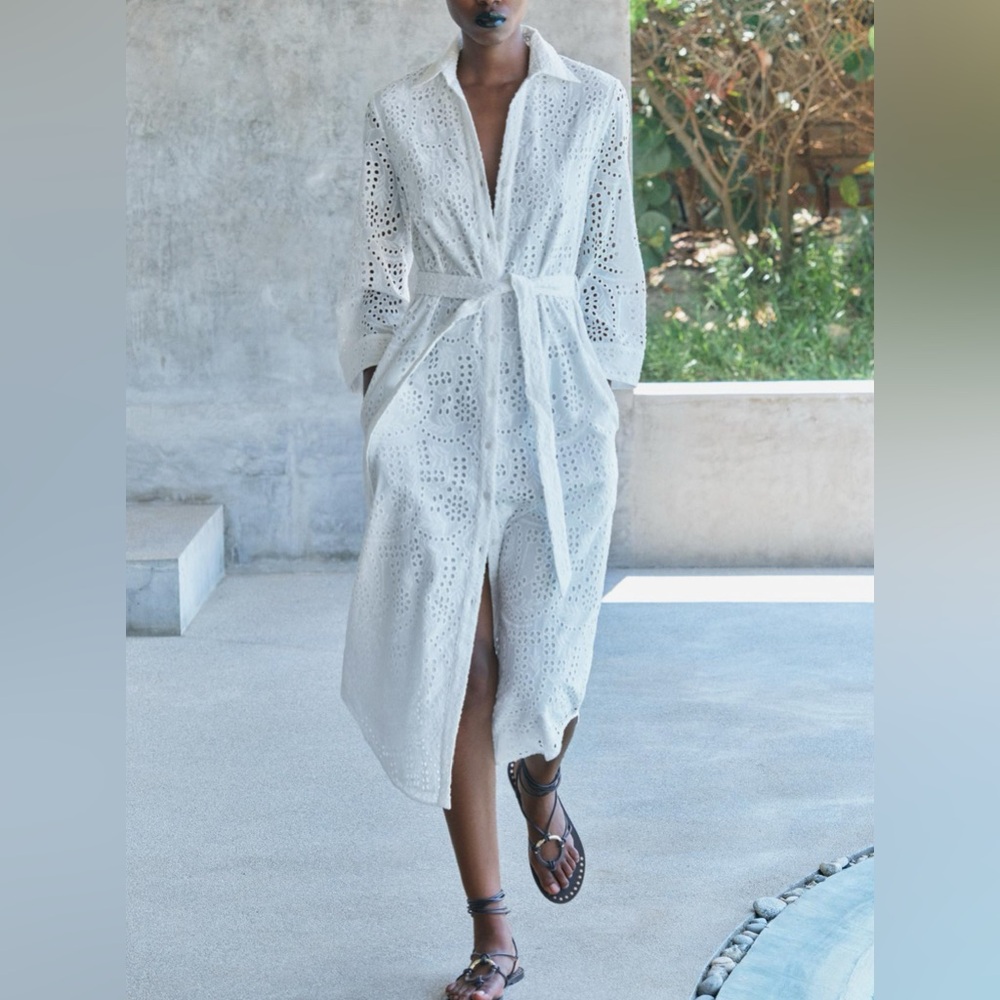Zara EMBROIDERED EYELET WHITE BELTED DRESS